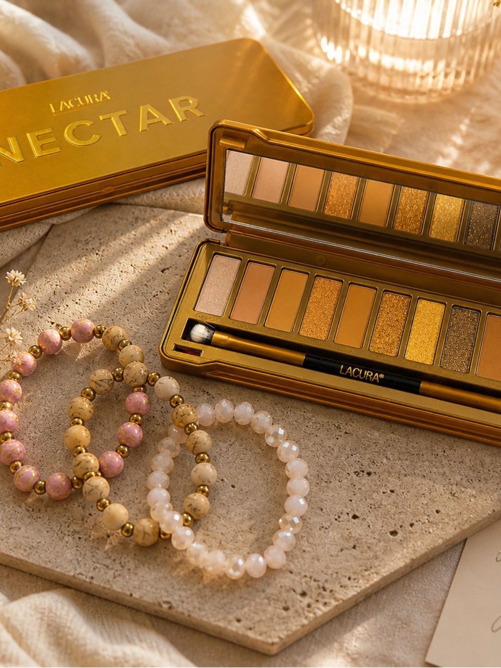 Makeup & Jewelry Bundle – Lacura Nectar Palette + 3 Boho Bracelets 💄✨